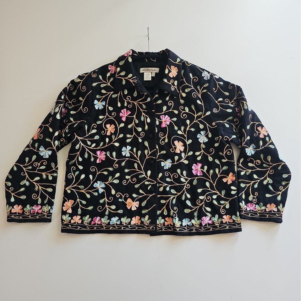 David Brooks Wool Blend Jacket Womens L Black Floral Embroidered Boho Art Wear